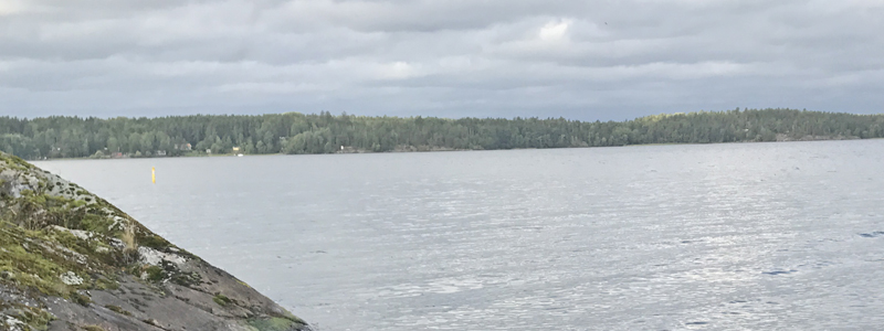 Foto på klippstrand med vy mot vattnet.