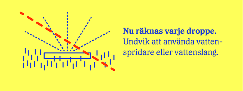 Illustration: En röd linje tvärs över en vattenspridare. Text: Nu räknas varje droppe. Undvik att använda vattenspridare eller vattenslang.